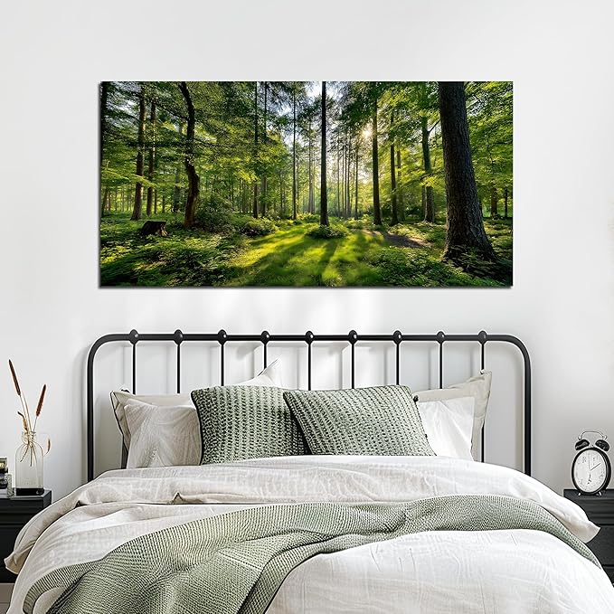 Tarfupth Large Forest Wall Art for Living Room Green Woodland Landscape with Sunlight Modern Nature Wall Decor for Bedroom Office Home Decor 24"x48"