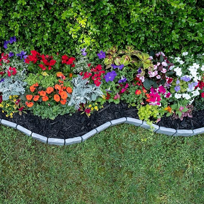 EasyFlex No-Dig Landscape Edging with Anchoring Spikes, 2.7 in. Tall Decorative Stone-Look Garden Border, 90 Foot Kit, Slate Gray (3602S-90C)