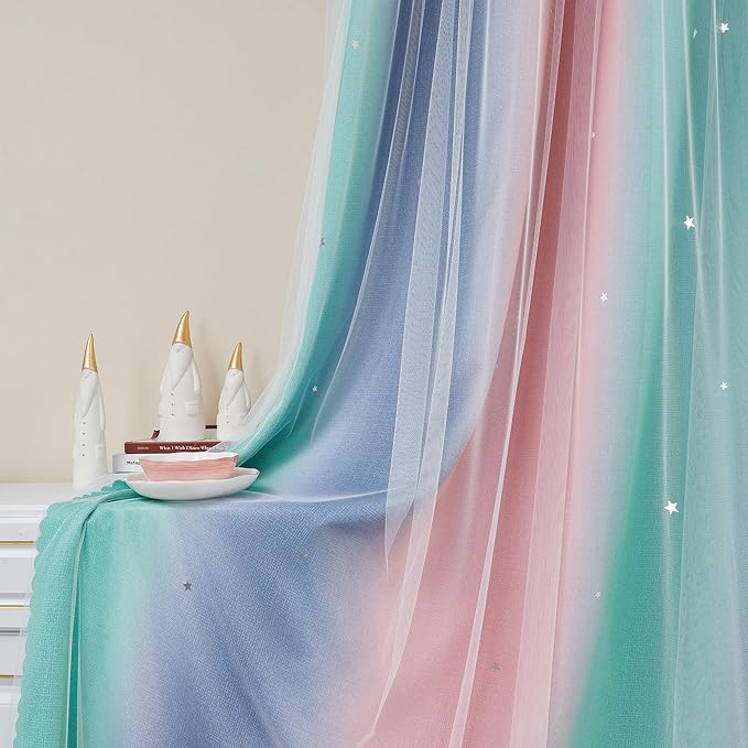 XiDi Curtains for Bedroom Decor, Rainbow Pinkgreen grey34/90