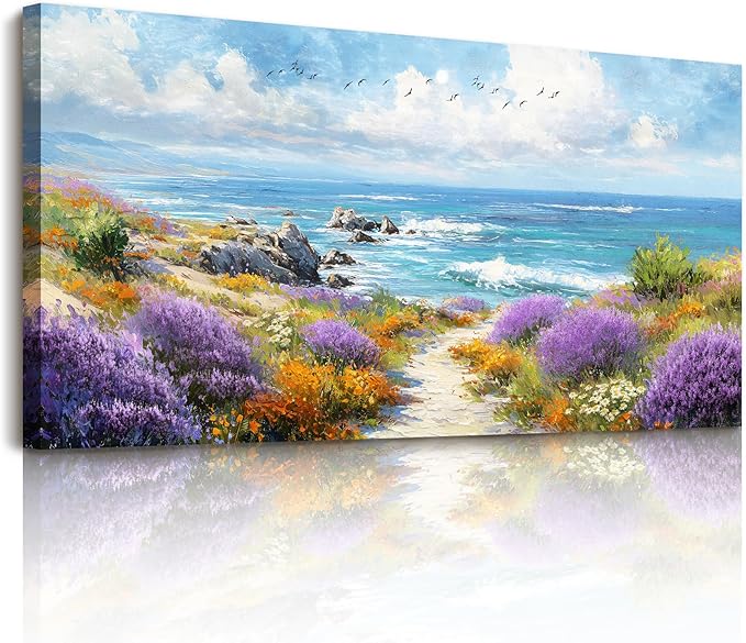 SERIMINO Coastal Wall Art, Landscape Wall Art, Large Wall Decor, Blue Ocean Scene Art Prints, Beach Wildflower Canvas Paintings for Living Room Office Bedroom Bathroom Rustic Farmhouse 24"x48"
