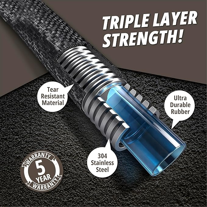Hydrosteel PRO 100 Ft Heavy Duty Metal Garden Hose with Nozzle, Water Hose Made from 304 Stainless Steel, Flexible, Lightweight, Brass Crush Resistant Fittings, Kink Free, 5/8” Diameter, 600 PSI