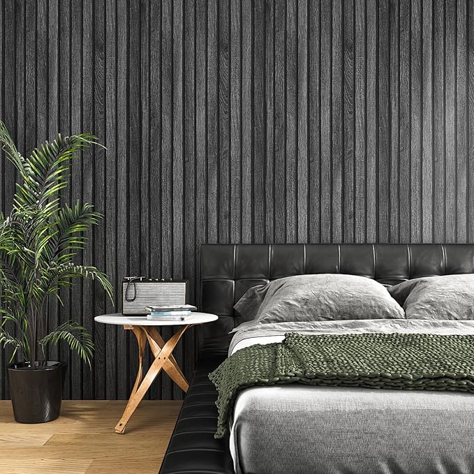 VEELIKE Charcoal Black Wooden Slat Wallpaper Peel and Stick Waterproof Dark