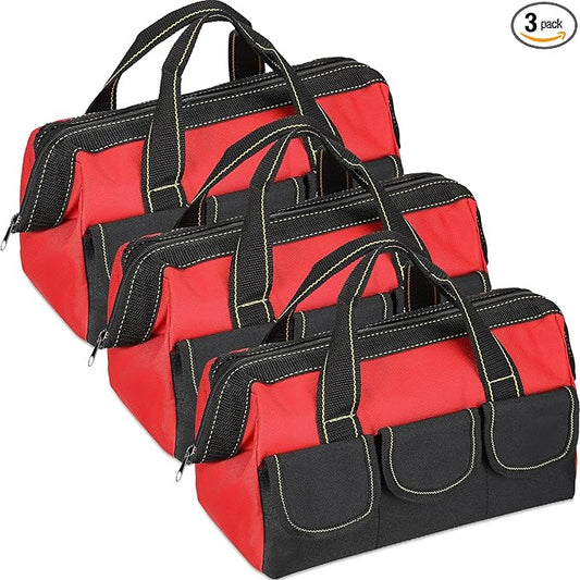 Sanwuta 3 Pack Tool Bag for Men with Waterproof Hard Bottom, Heavy Duty Tool Bag Wide Mouth Tote for Various Instrument, Electrician Carpenter Mechanic(Red,18 Inch,Classic)