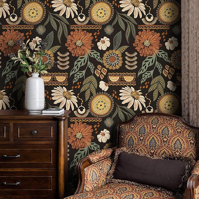 JiffDiff Boho Peel and Stick Wallpaper Vintage Floral Wall Paper Removable Sun