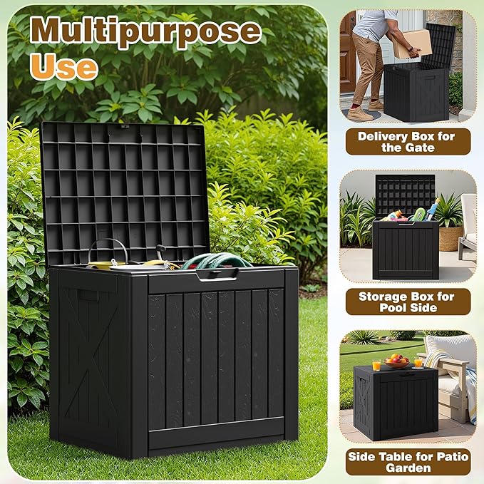 Flamaker Resin Deck Box 40 Gallon Waterproof Outdoor Indoor Storage Box Imitation Wood Resin for Patio Furniture Garden Tools and Pool (Black)