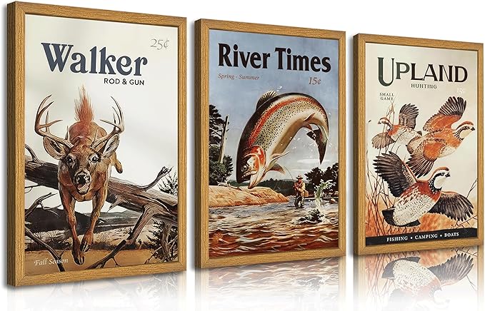 3Pcs Framed Retro Hunting Canvas Wall Art Outdoorsy Wild Animal Wall Decor Pictures Nature Wilderness Deer Wild Duck Fishing Posters Prints Gift Send Hunter Dad for Living Room Bedroom Home Decoration