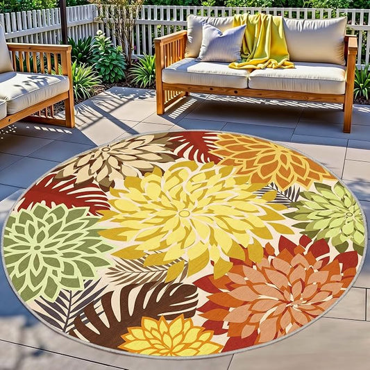 Colorful 6FT Outdoor Round Area Rug Washable Rugs Multicolored Patio Rug Tropical Botanical Floral Chenille Waterproof Outdoor Carpet for RV, Pool Deck, Backyard, Porch, Orange