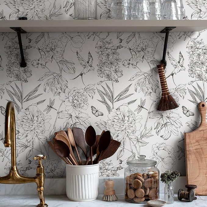 JiffDiff White and Black Wallpaper Peel and Stick Sketched Peony Floral