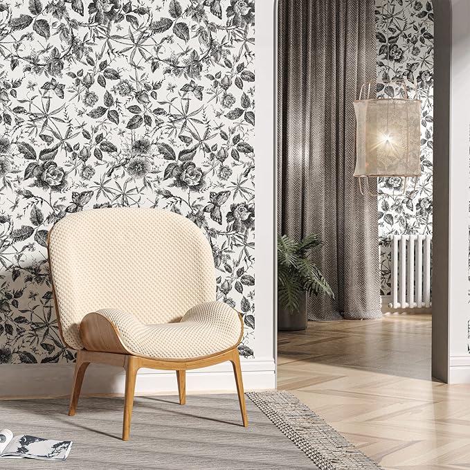 JiffDiff Floral Vintage Wallpaper Peel and Stick Wall Stick Black Rose