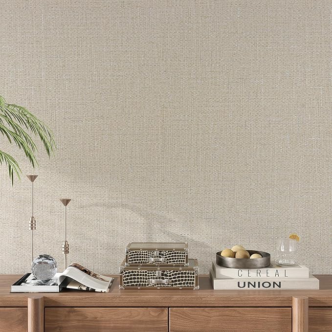 VEELIKE Beige Grasscloth Peel and Stick Wallpaper Textured Neutral Grasscloth