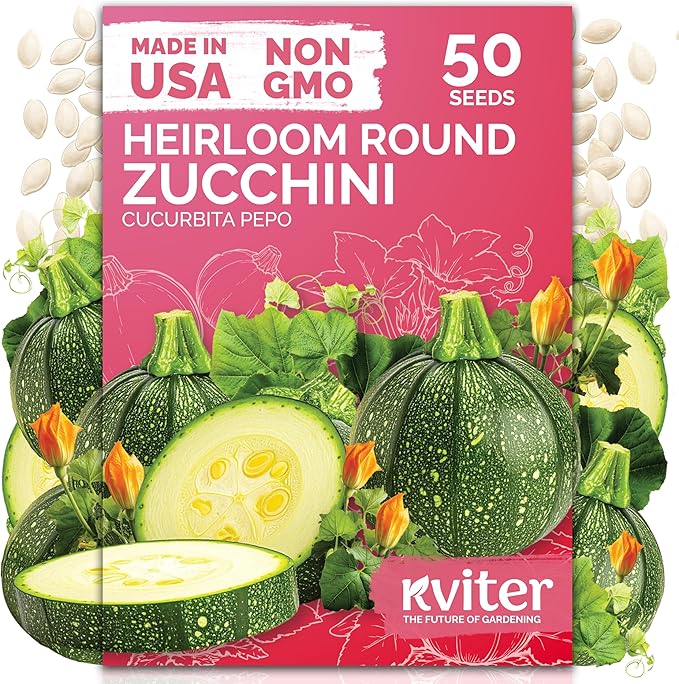 KVITER 50 Round Zucchini Seeds (Cucurbita Pepo) â Courgette Round Zucchini Squash Seed Packets, Non GMO Seed - Vegetables Seeds for Outdoor & Indoor Vegetable Garden and Containers