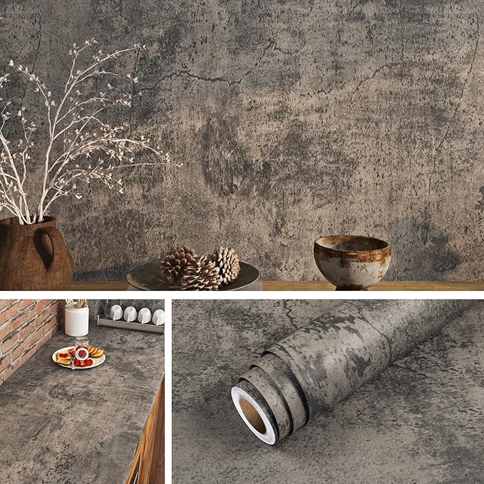 Livelynine Moody Concrete Wallpaper Peel and Stick Industrial Modern Brown
