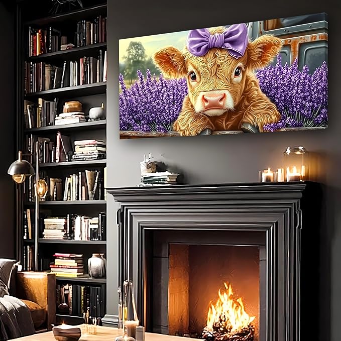 Haichuang Decor Art 40x20 Inch Highland Cow Canvas Wall Art, Cute Cow with Purple Bow & Lavender Field Print, Framed Ready to Hang for Living Room Bedroom Bathroom, Farmhouse Animal Wall Decor