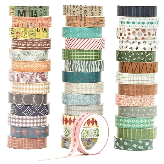 YUBBAEX 40 Rolls Basic Washi Tape Set Cute Printed Patterns Masking Skinny Creative Decorative Tapes for Arts, DIY Crafts, Journals, Planners, Scrapbook, Wrapping (Retroism 2)