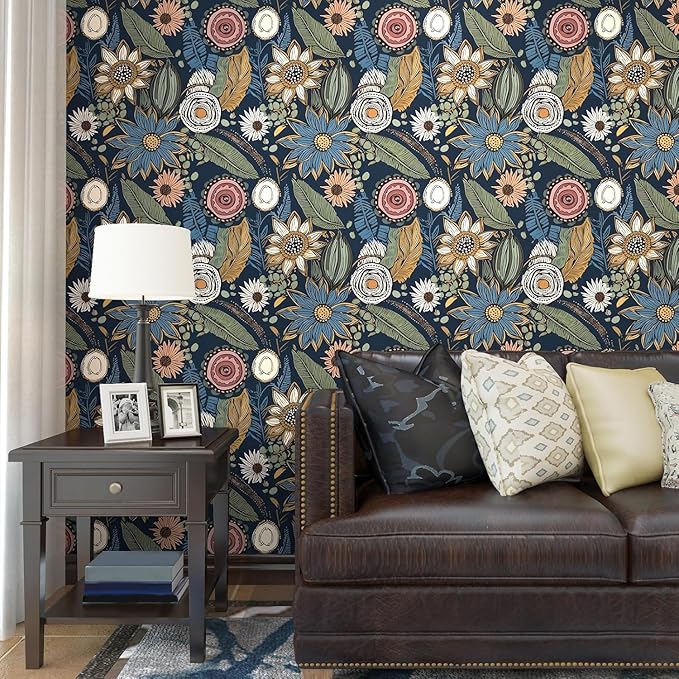 Blue Boho Wallpaper Peel and Stick, Vintage Floral Contact Paper 17.5" x 393.7"