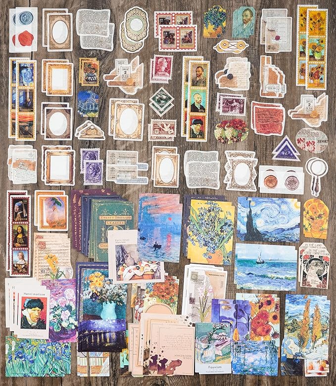 Knaid Vintage Scrapbook Supplies Pack (200 Pieces) for Junk Journal Bullet Journals Planners Aesthetic Paper Stickers Craft Kits Cottagecore Collage Album (Artistic)