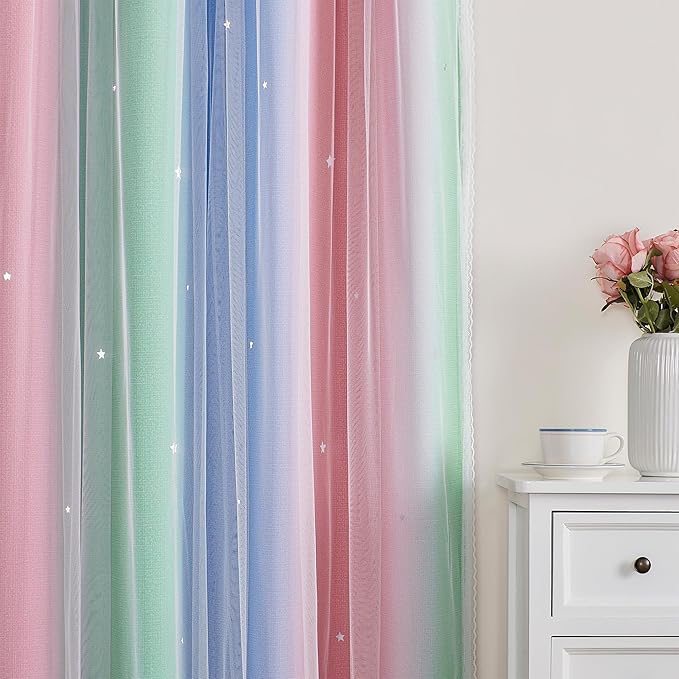 XiDi Curtains for Bedroom Decor, Rainbow Pink GreenBlue52/54/1