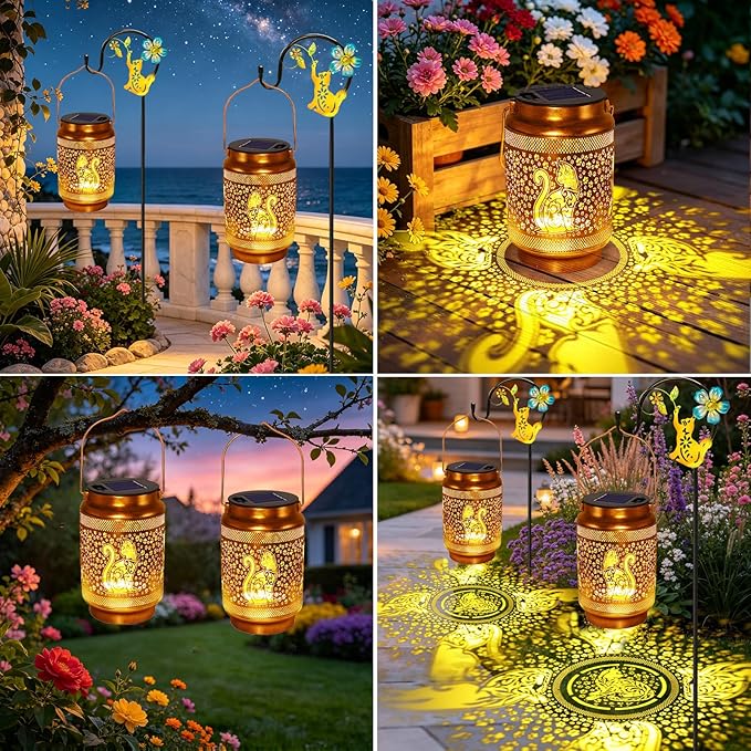 2 Pack Cat Solar Lanterns Outdoor Waterproof Solar Garden Decor, Birthday Gifts for Mothers Day Women Mom Grandma, Metal Hanging Lights with Shepherd Hook for Outside Yard Patio Pathway Backyard