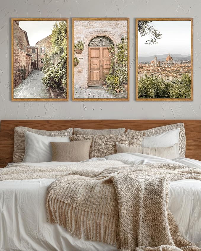 UPWOIGH Large Framed Canvas Wall Art, Set of 3 Italy Florence Travel Decor, 16x24in minimalist Natural Cotton Posters with Architecture, Tuscany Countryside, Farmhouse Aesthetic for Living Room,Office