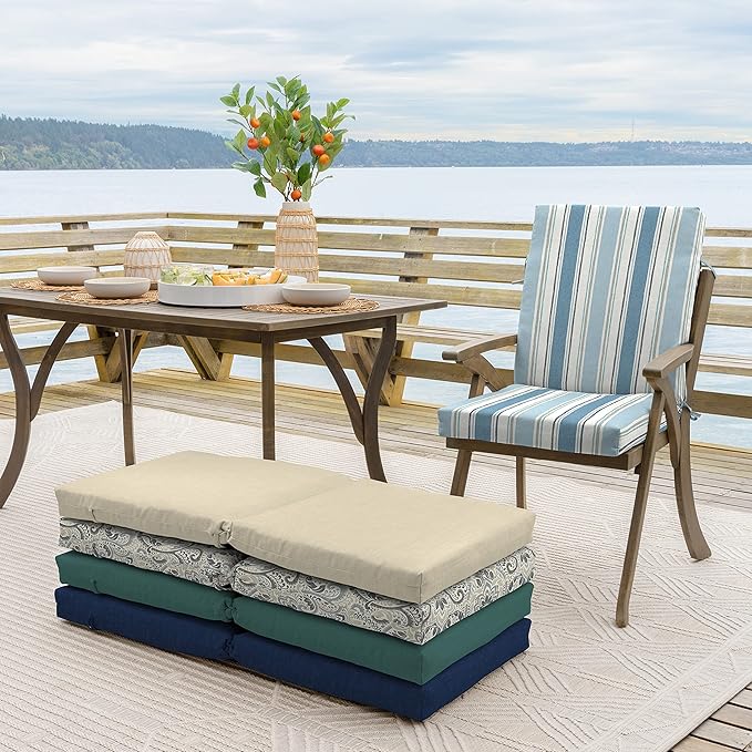 Arden 2-Pack Outdoor Patio Dining Chair Cushion, 20x44, Rain-Proof Seat Pad, Fade-Resistant Outdoor Cushion French Blue Linen Stripe