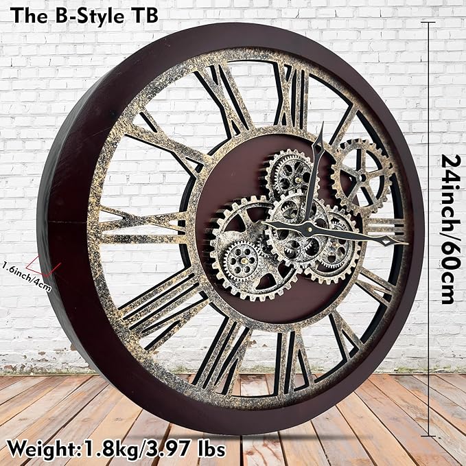 The B-Style Large Wall Clock 24 inch Moving Gear Wall Clock Oversized Vintage