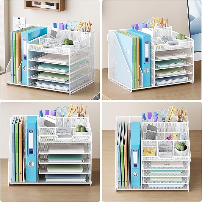 Lavatino 5-Tier Desk Organizer with 2 File Holders, Metal Adjustable Paper Letter Tray for Office or Home Desk Organizers and Accessories | 7 Flexible Dividers Keep Workspace Supplies Neat, White