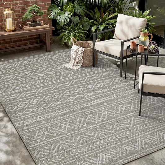 MontVoo-Outdoor Rug-Patio Rug 5x7 ft Polypropylene Indoor Outdoor Rugs Outdoor Carpet for Patio Deck Balcony Porch, Textured Weave, Durable for High Traffic, Fade-resistant, Boho Farmhouse Silver Grey
