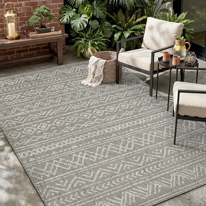 MontVoo-Outdoor Rug-Patio Rug 8x10 Polypropylene Indoor Outdoor Rugs Outdoor Carpet for Patio Deck Balcony Porch, Textured Weave, Durable for High Traffic, Fade-Resistant, Boho Farmhouse Silver Grey