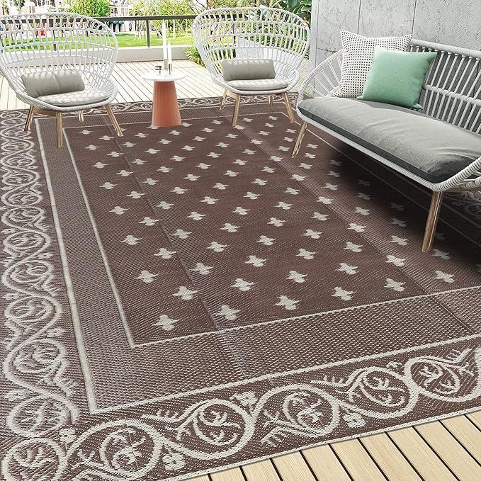 Pauwer 9'x12' Reversible Outdoor Rug, Waterproof Plastic Straw Area Rug for Patios, RV Mat, Camping, Picnic, Beach, Balcony, Pet Friendly, Lightweight