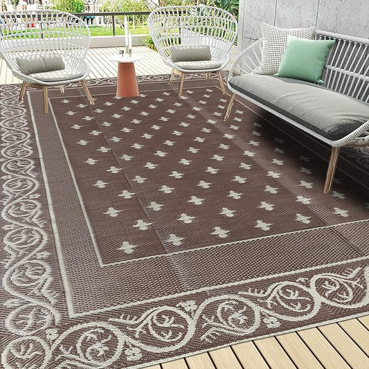 Pauwer 9'x12' Reversible Outdoor Rug, Waterproof Plastic Straw Area Rug for Patios, RV Mat, Camping, Picnic, Beach, Balcony, Pet Friendly, Lightweight