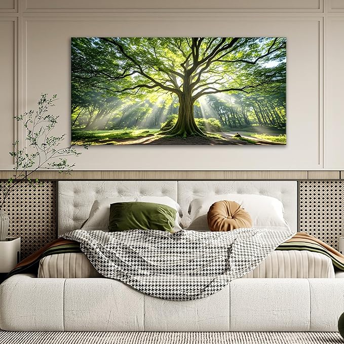 JLXART Nature Canvas Large Art Spring Green Tree Wall Art Framed Forest Artwork for Office Wall Decoration Ready to Hang 24x48inch