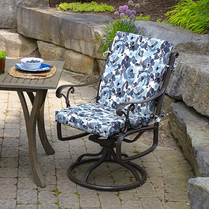 Arden Outdoor Patio Dining Chair Cushion, 20x44, Rain-Proof Seat Pad, Fade-Resistant Outdoor Cushion Blue Garden Floral