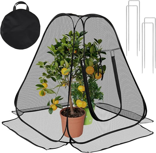 RGQSUN Pop-up Garden Netting Covers,28Ã28Ã32in Pest Guard Plant Covers with Zip Entry and Stakes,Fine Mesh Plant Tent Protect Vegetables Fruits from Animals Birds