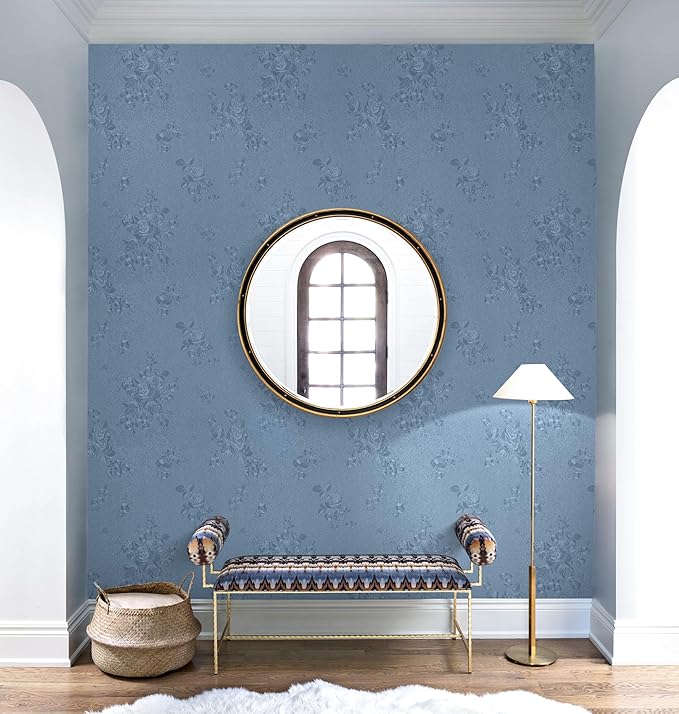 Erfoni 197"x17.7" Grey Blue Peel and Stick Wallpaper Thicken Floral Embossed