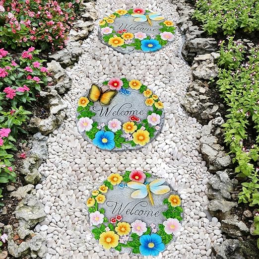 2 Pack Garden Stepping Stones Outdoor 10 Inch Round Cement Stepping Stones with Hand-Painted Flowers, Butterfly & Dragonfly, Decorative Pavers for Outside Walkway Patio Yard