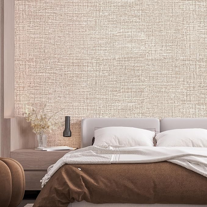 Khaki Grasscloth Peel and Stick Wallpaper 17.3"x300" Faux Linen Textured