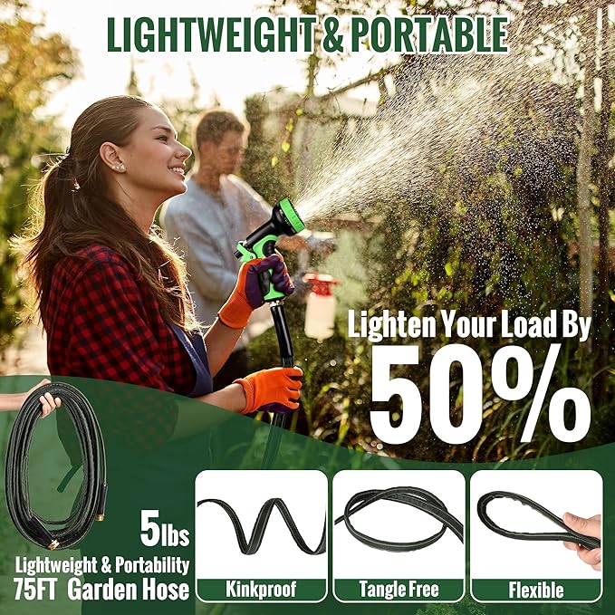 Garden Hose 75ft Flexible Water Hose Non-Expandable High Pressure Kink-Free Leakproof Durable Portable Lightweight Outdoor Yard Lawn Black Fabric Watering Hose with 3/4" Aluminum Fittings