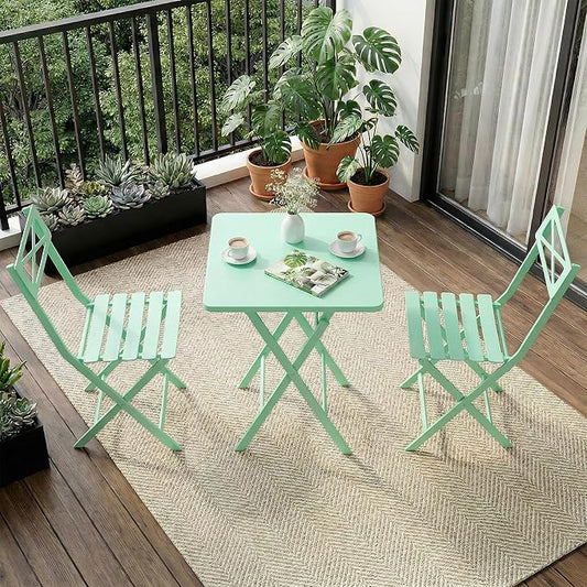 Outdoor Square Bistro Set 3 Piece, Green Iron Tube Patio Furniture Set with Square Table & 2 Chairs, Foldable Steel Backyard Deck Porch Garden , Space Saving Outdoor Dining Set for Small Spaces