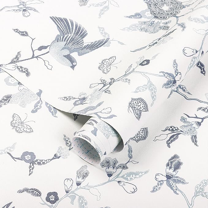 Timeet Peel and Stick Wallpaper Vintage Floral Contact Paper Blue and White