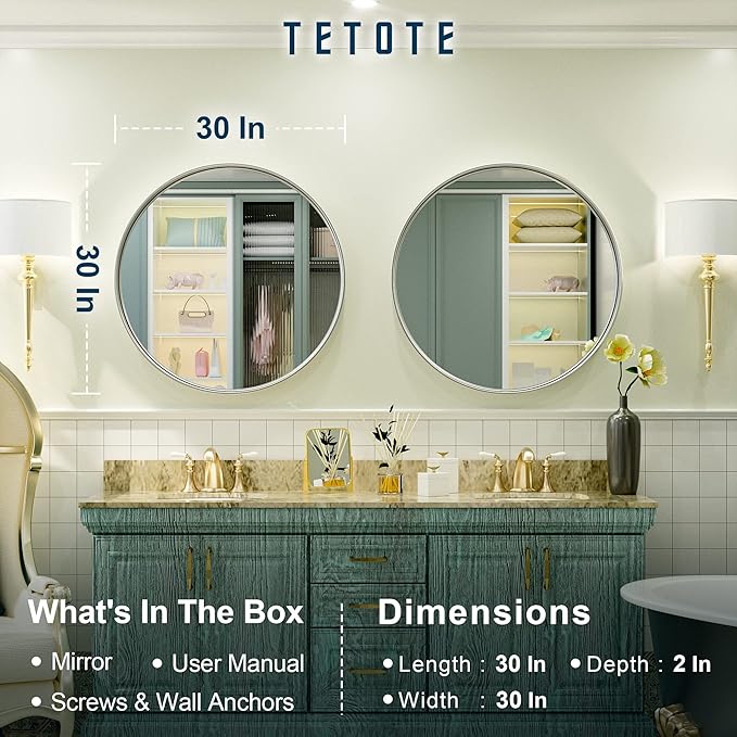 TETOTE Silver Round Mirror for Bathroom, 30 Inch Modern Circle Mirrors