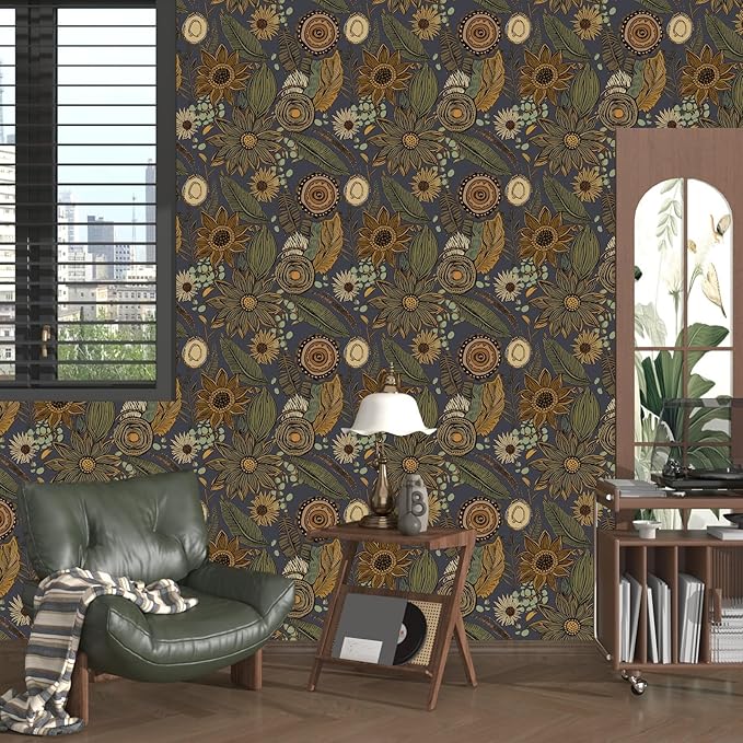 Boho Wallpaper Peel and Stick, Vintage Blue Yellow Floral Contact Paper
