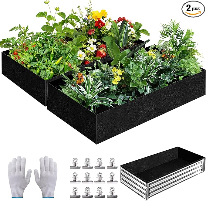 2 Sets 4 x 2 x 1 ft Raised Garden Bed Liner Bag, Breathable Grow Bed Fabric Liners with Clips and Gloves, Garden Box Non Woven Bag for Outdoor Plants Growth Keep Soil Isolation (No Garden Bed)