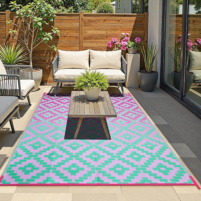 Anidaroel Ombre Outdoor Rugs for Patios Clearance Waterproof, 6x9 Reversible Geometric Plastic Straw Outside Area Rugs, RV Camping Mat for Balcony, Pool Deck, Picnic, Backgard(Green&Pink,6âx9')