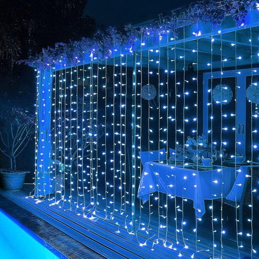 Dazzle Bright 300 LED Curtain String Lights, Waterproof, 8 Lighting Modes, Blue, Model CL-300CC