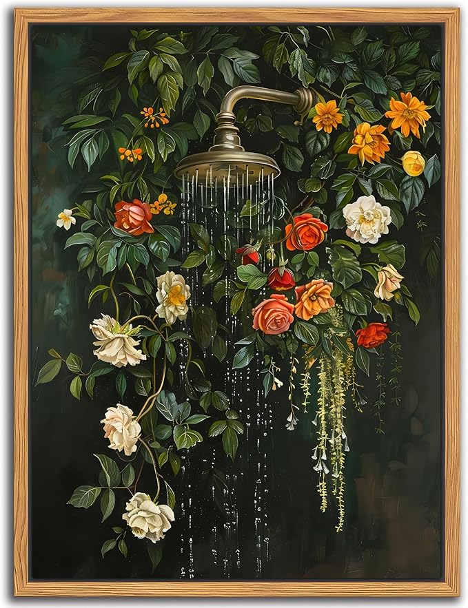 Floating Framed Floral Shower Wall Art, Vintage Botanical Flower Canvas Print