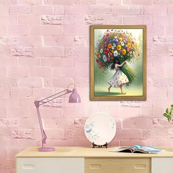 Wood Framed Pink Wildflower Canvas Wall Art, Girl Hugging Flowers Poster Prints