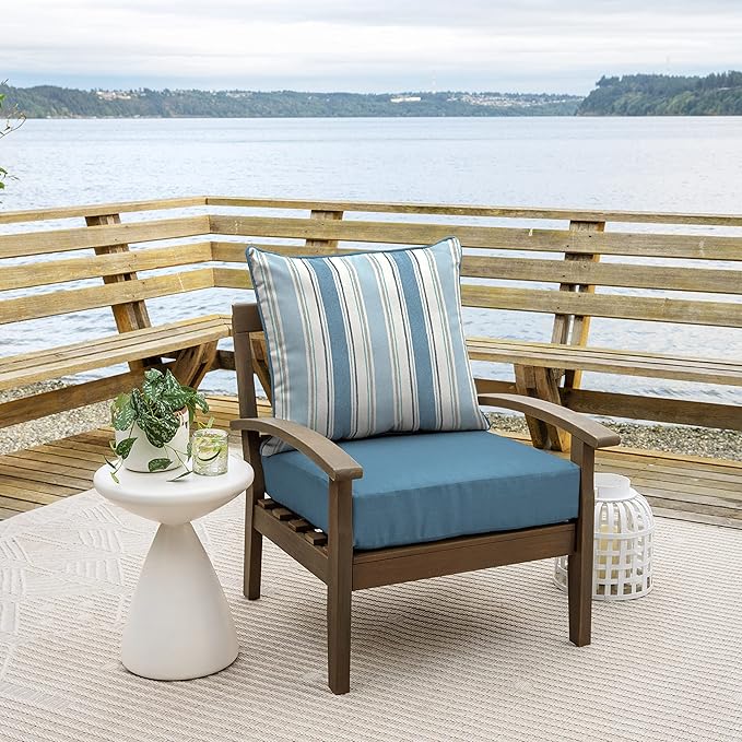 Arden Outdoor Foam Deep Seat Cushion Set (2-Pack), 24x24, Premium High-Density Foam, Never Flattens, Weather-Proof for Patio Chair Sofa Couch, French Blue Linen Stripe