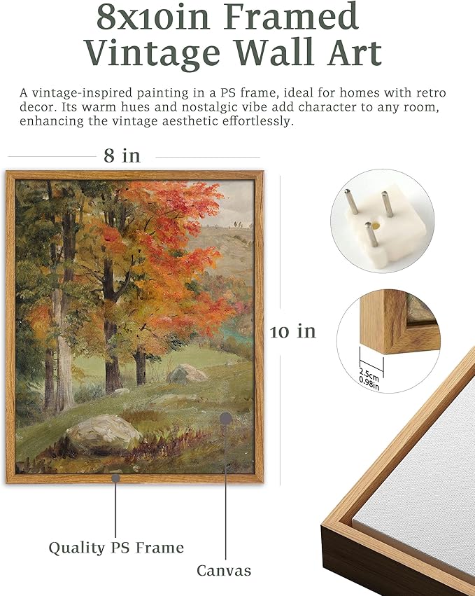 UPWOIGH Framed Wall Art,Autumn Tree Oil Painting Canvas Poster Vintage Fall Landscape Rustic Print Retro Forest Moody Wall Art Living Room Decor 8x10in