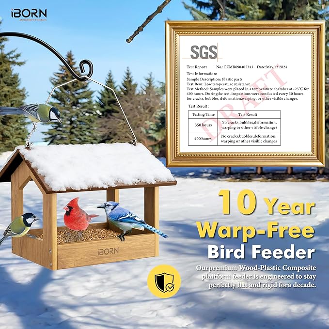 iBorn Pavilion Bird Feeder, Covered Platform Bird Feeder for Outdoors Hanging, WPC Recycled Plastic & Waterproof, Coffee