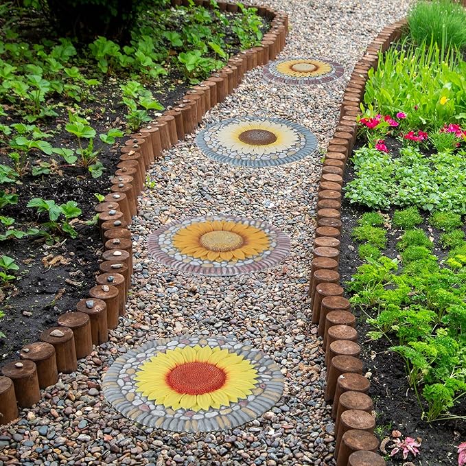 PINPON 4 Pack Sunflower Stepping Stones – 10 Inch Cement Garden Pavers with Colorful Pebble Border, Hand-Painted Outdoor Walkway Stones, Weather-Resistant Decorative Path Stones for Patio & Yard